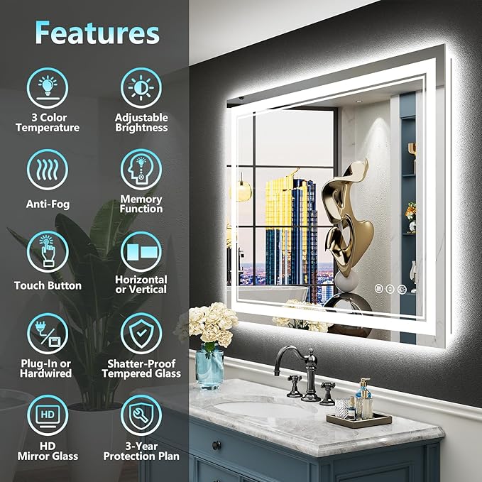 40x38 LED Bathroom Mirror with Lights, Backlit and Front Lit Anti-Fog Lighted - Image 2