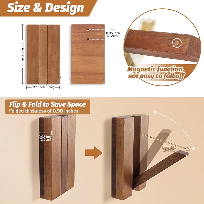 Foldable Wall Hooks 4Pack: Rustic Wooden Coat Hooks Mounted - Image 3