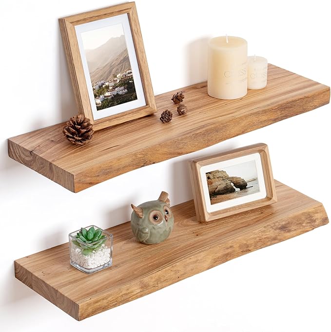 Floating Shelves for Wall Decor, Rustic Solid Elm Wood Live Edge Floating by FLYJOE