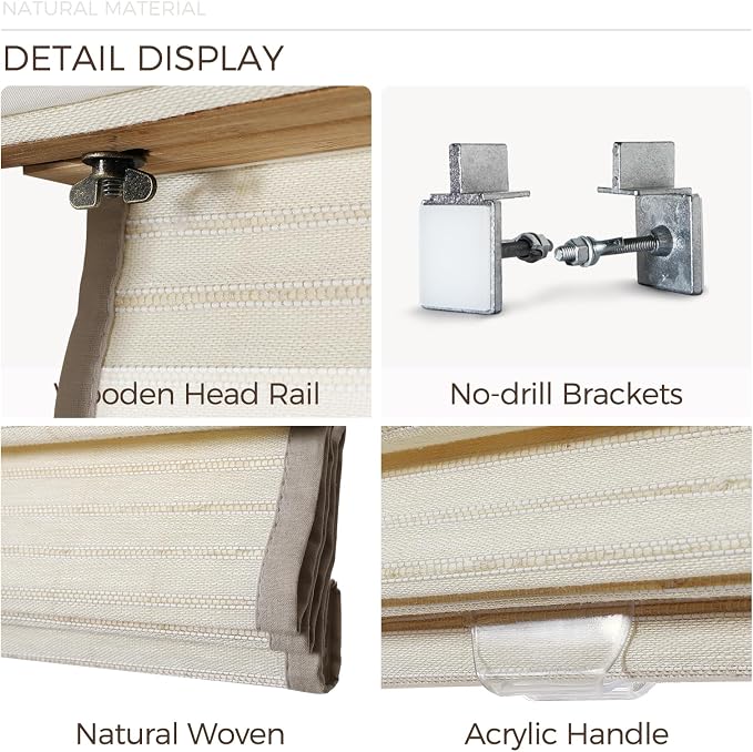 TWOPAGES Natural Woven No Drill Roman Shades, Custom Cordless Blackout Bamboo - Image 5