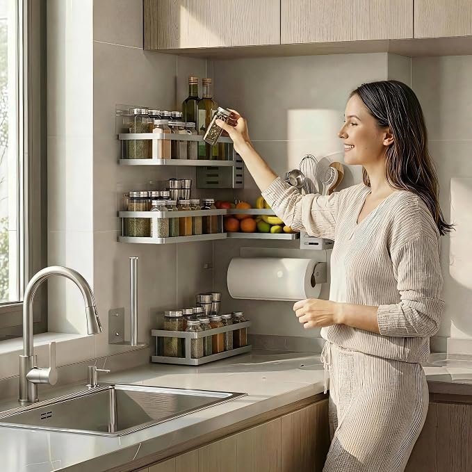 PUSDON 5-in-1 Shower Caddy & Kitchen Organizer Set, Wall Mount Wide Spice Rack - Image 2