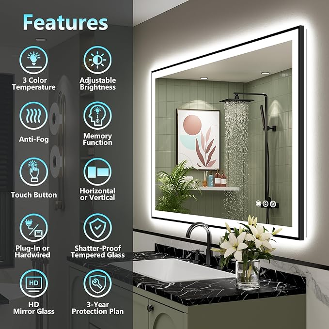 48x40 Black Framed LED Bathroom Mirror - Image 2