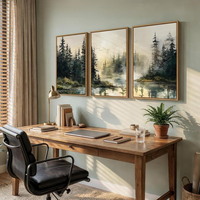 Framed Forest Landscape Nature Wall Art Bedroom, 3 Piece Foggy Pine Tree Lake - Image 4
