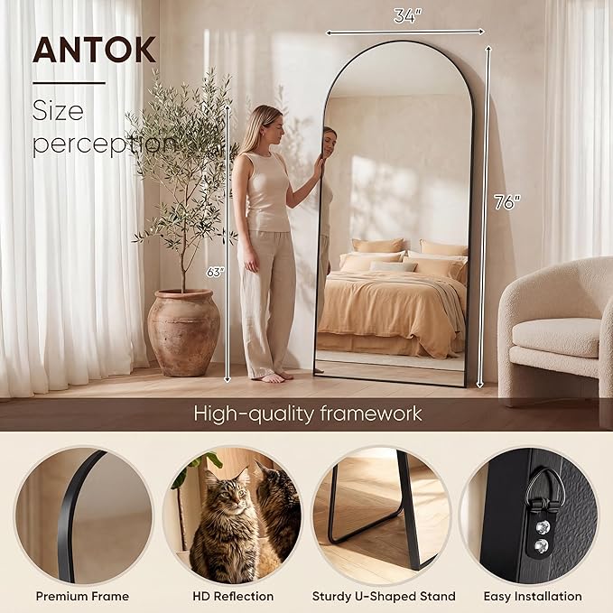 Antok Full Length Mirror, Arched Floor Standing Freestanding Arch Full Body - Image 3