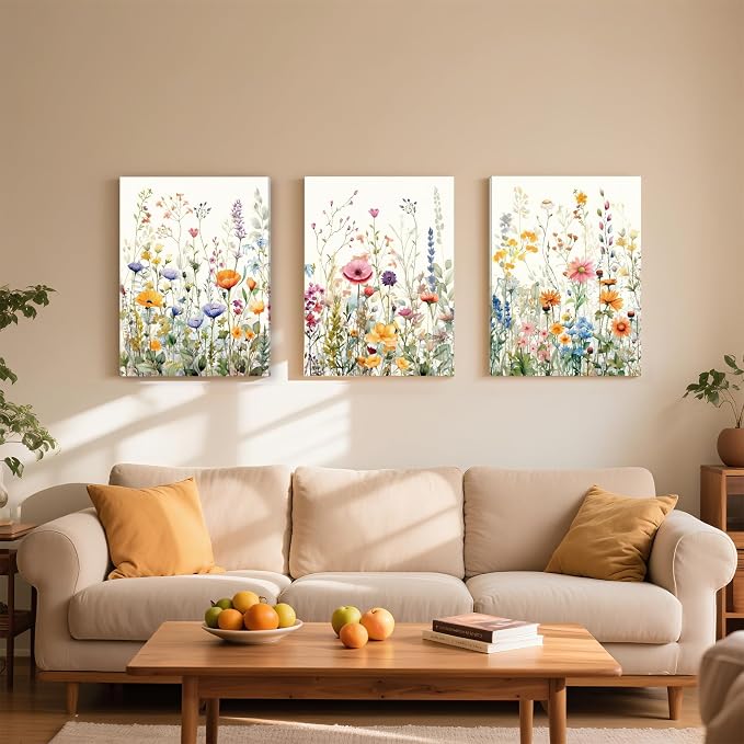 WRFON Wildflower Canvas Wall Art Set of 3, Unframed Botanical Floral Watercolor - Image 2