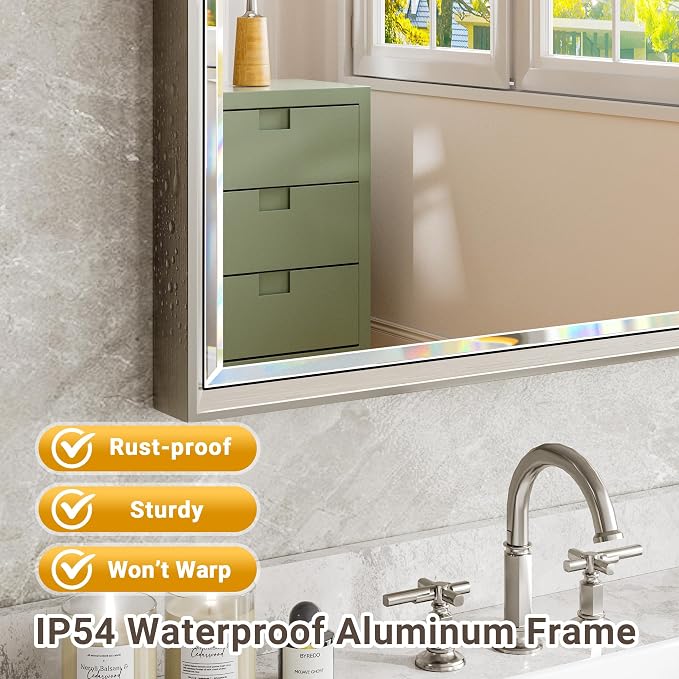 72 x 36 Brushed Nickel Bathroom Mirror, Beveled Framed Rectangle, Shatterproof - Image 4
