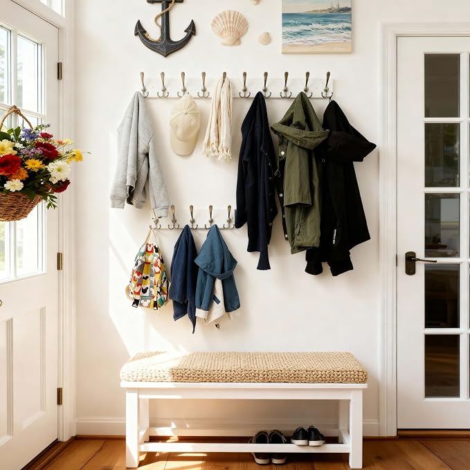 SKOLOO Creations White Solid Wood Wall Mounted Coat Rack, 5 Hooks, 16-7/8" Long - Image 4