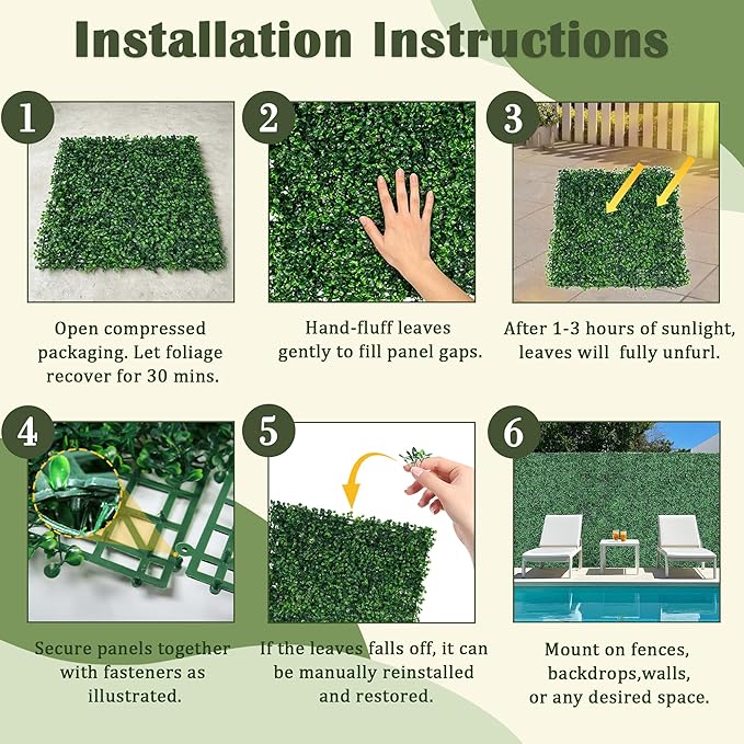 Sunnyglade 12 Pieces 20"x 20" Artificial Boxwood Panels Topiary Hedge Plant - Image 7