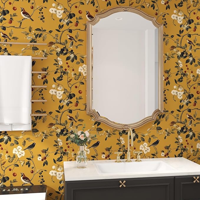 Laatse Vintage Bird Wallpaper 17.5"x118" Yellow Chinoiserie Floral Wallpaper - Image 7