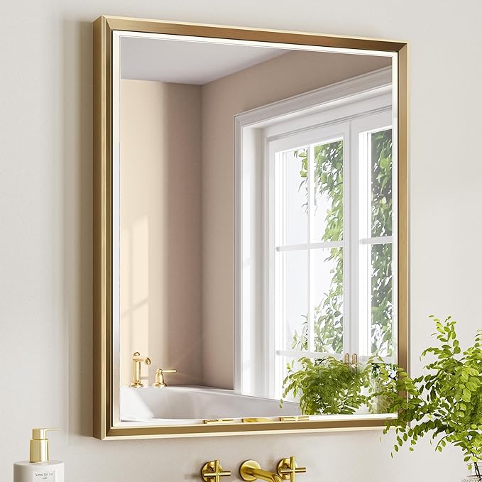 Gold Bathroom Mirror, 30x36 Brushed Gold Bathroom Mirror Beveled Edge, by QUEENFUN