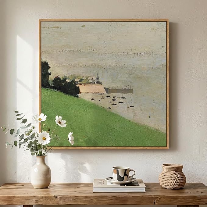Framed Green Abstract Landscape Wall Art, Modern Minimalist Coastal Canvas by Cuspin