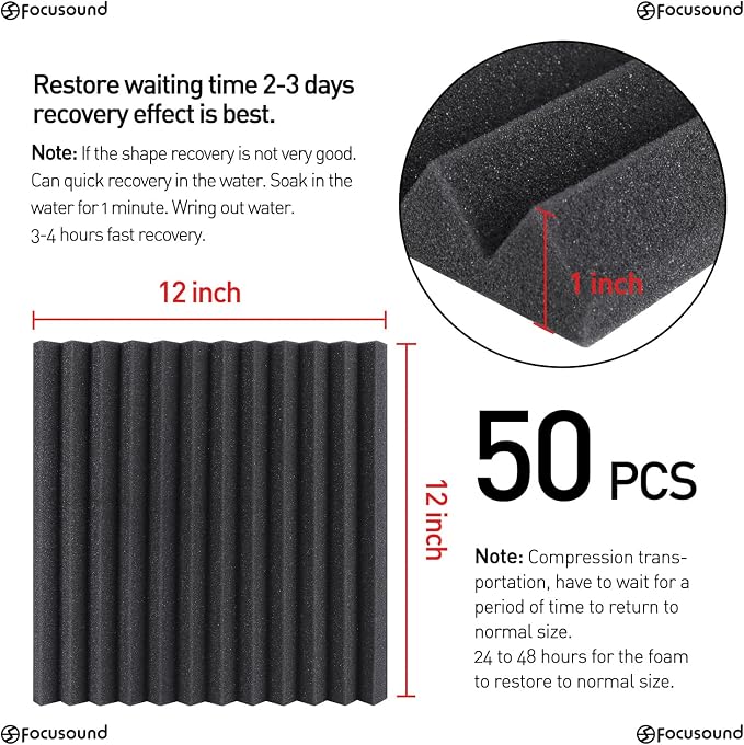 Focusound 50 Pack Acoustic Foam Panels 1" x 12" x 12" Sound Proof Foam Panles - Image 4