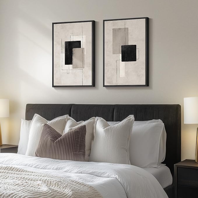 Framed Neutral Abstract Wall Art Set of 2, Minimalist Block Lines Pictures - Image 2