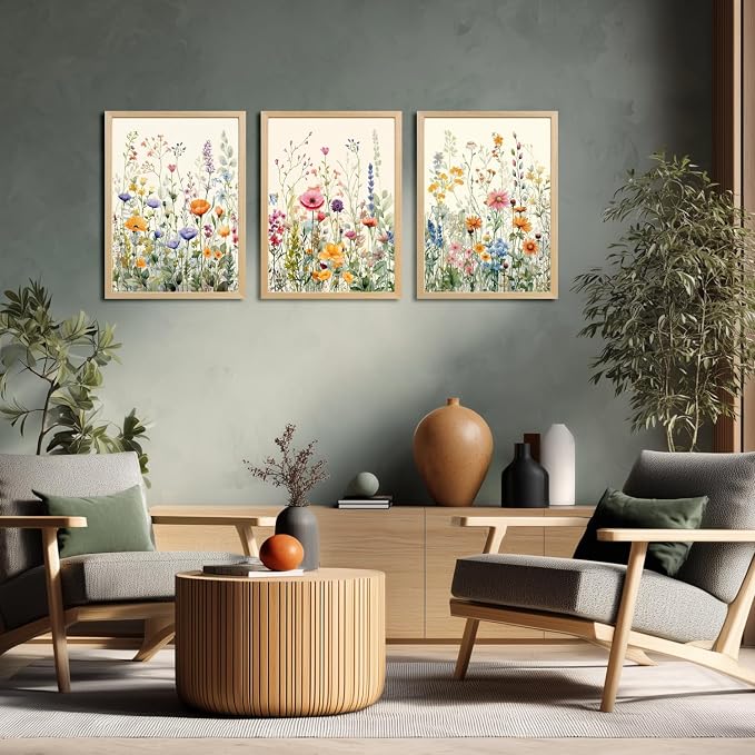 LLEEMPI Watercolor Floral Wall Art Set of 3, Colorful Wildflower Wall Decor - Image 2