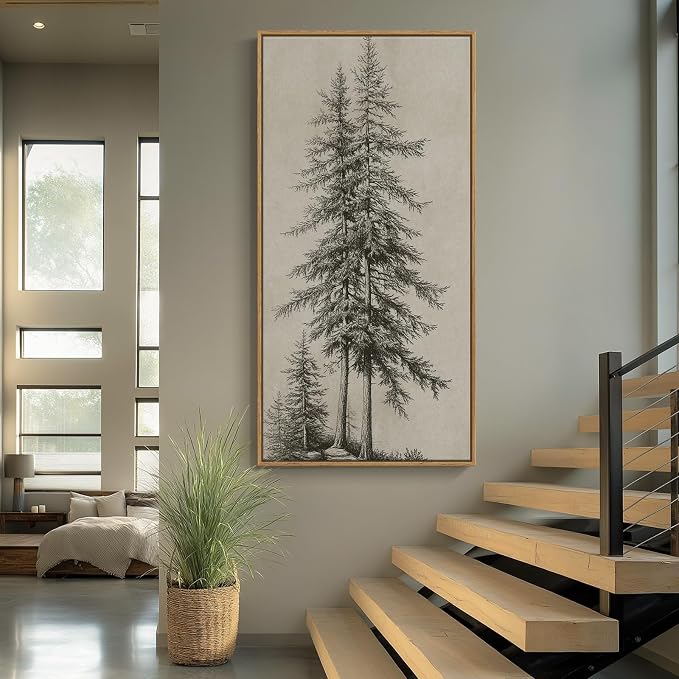 Large Framed Vertical Vintage Pine Tree Wall Art - Image 2