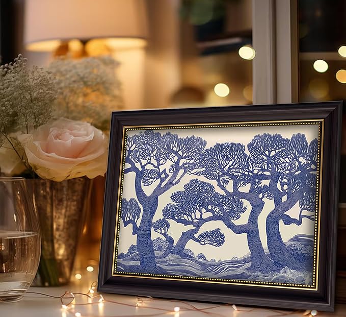 Vintage Gold Framed Wall Art Oak Tree Forest Painting Canvas Prints Blue - Image 9