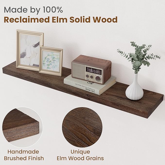 Floating Shelves for Wall Decor, 8 Inch Deep Rustic Solid Elm Wood Floating - Image 3