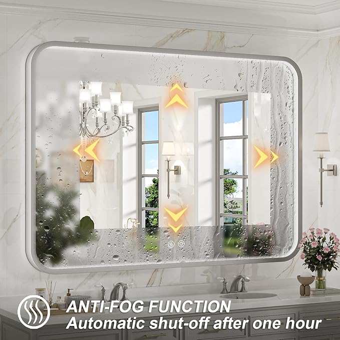 LED Bathroom Mirror with Lights, 48x36 Inch Brushed Silver Framed Lighted - Image 4