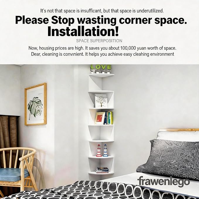 7-Tier Corner Shelf Wall Mount, Screw-Mounted Floating Bookshelf - Image 3