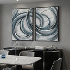 Framed Blue Gray Abstract Wall Art Set of 2, Modern Circle Line Canvas Artwork - Image 2