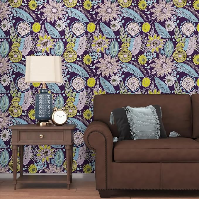 Purple Boho Wallpaper Peel and Stick, Vintage Yellow Floral Contact Paper 17.5" - Image 6