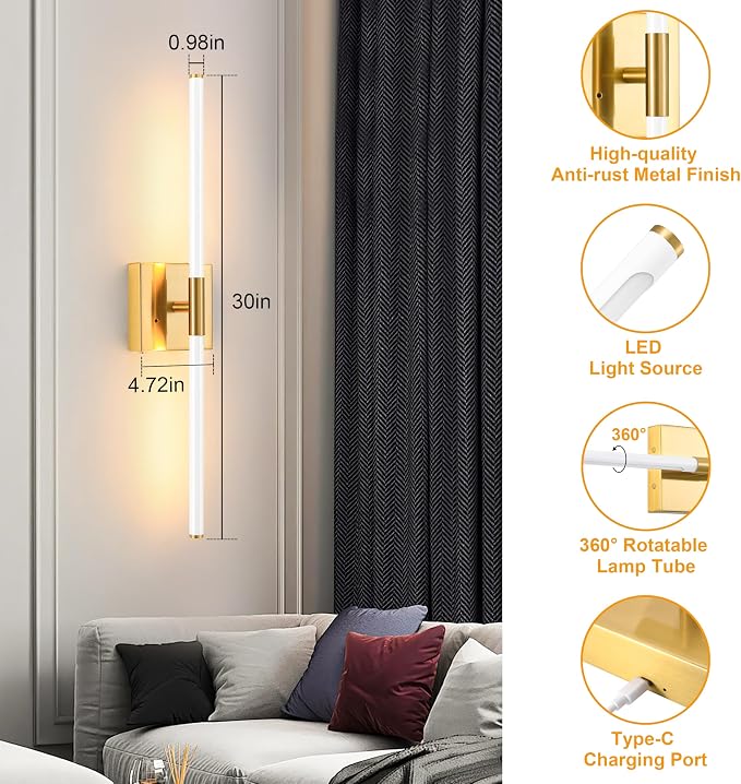 Morauroral 30 Inch White Gold Battery Operated Wall Sconces Set of 2, Dimmable - Image 7