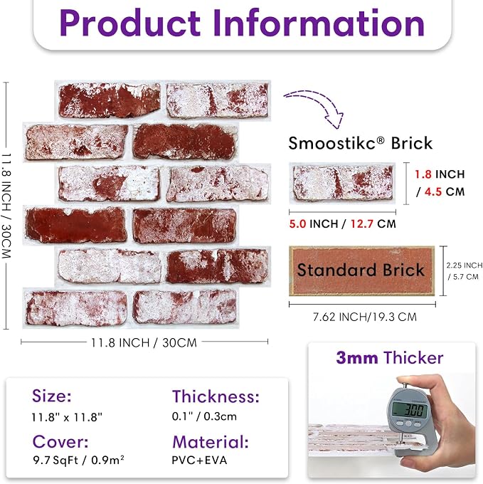 3D Peel and Stick Faux Brick Wall Panels 11.8" x 11.8" 10-Pack, Small - Image 6