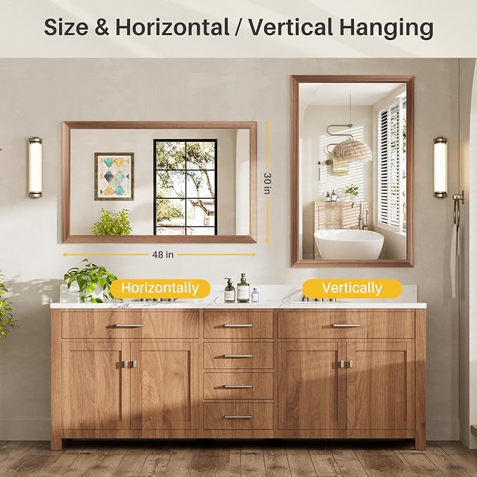 48x30 Inch Bathroom Mirror for Wall, Anti-Rust Walnut Wood Grain Metal Framed - Image 7