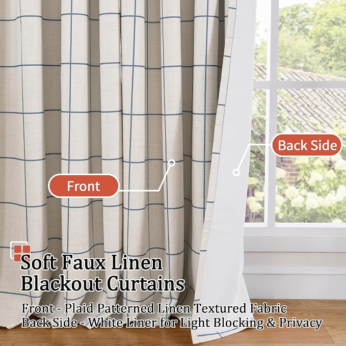 Lajode Navy Blue Plaid Linen Blackout Curtains - Image 3