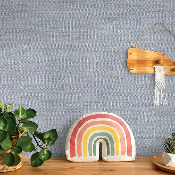 Tempaper Textured Powder Blue Horizontal Faux Grasscloth Removable Peel and - Image 7