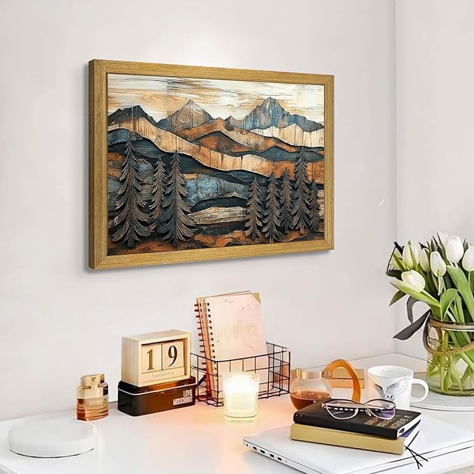 Vintage Boho Mountain Wall Art, Framed Landscape Canvas Wall Art, Nature Forest - Image 4