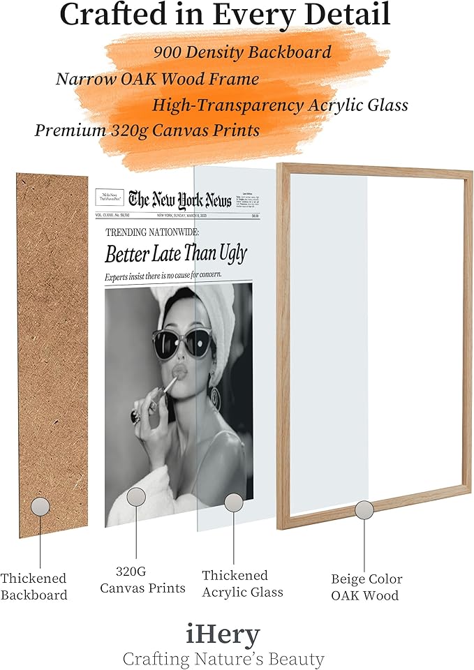 iHery Natural OAK Wood Audrey Hepburn Newspaper Trendy Framed Wall Art - Image 3