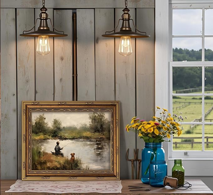 Vintage Gold Framed Wall Art Boy Fishing Country Oil Painting Canvas Prints - Image 9