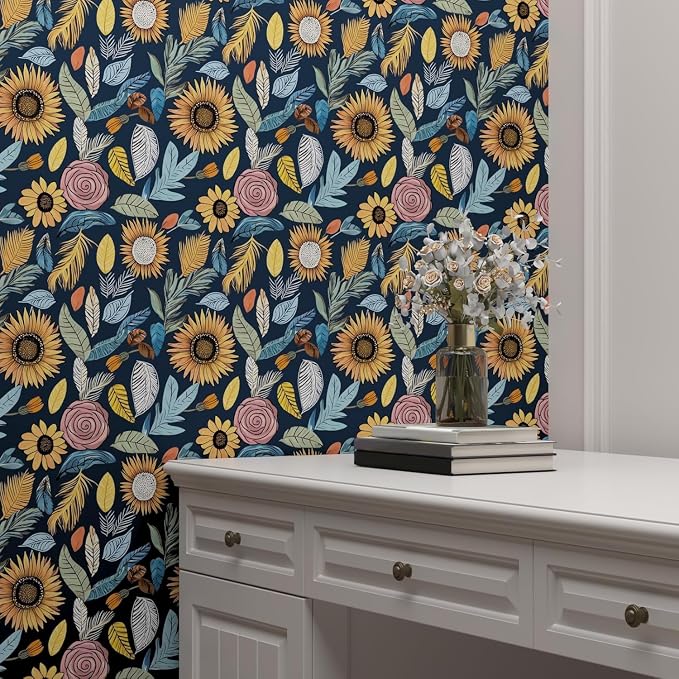 Blue Wallpaper Peel and Stick, Vintage Boho Floral Contact Paper, 17.5" x - Image 8