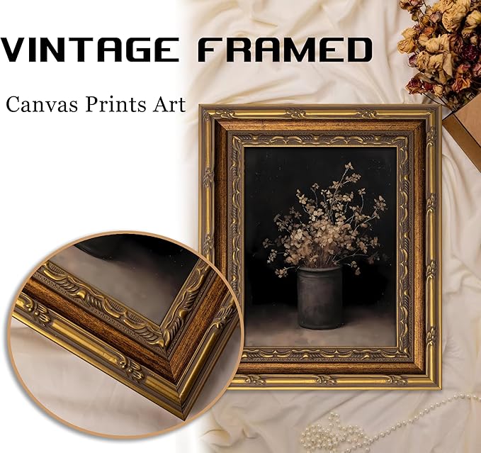 Vintage Gold Framed Wall Art Fall Dried Flowers Antique Vase Country Oil - Image 3