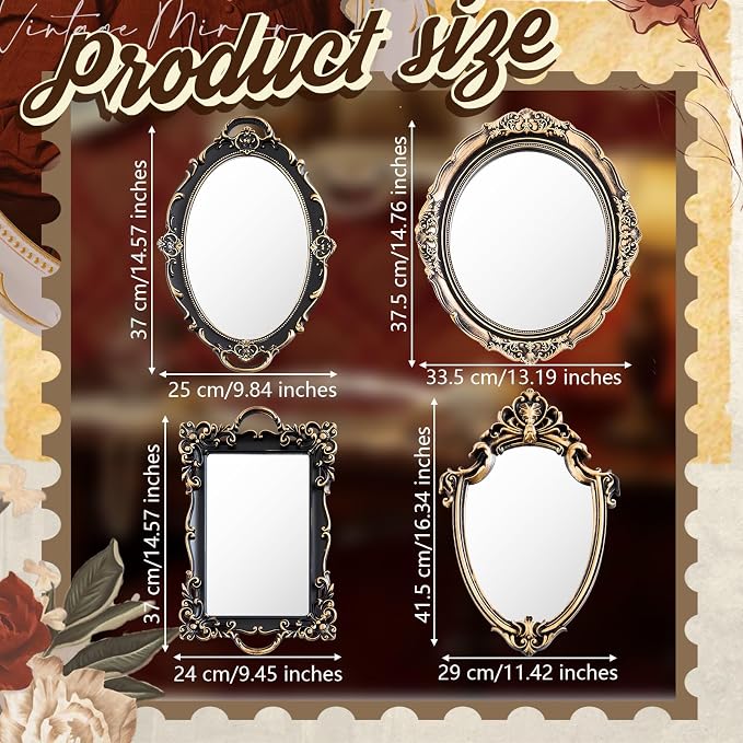 Beeveer 4 Pcs Vintage Gold Mirrors Set Decorative Hanging Wall Decor - Image 2