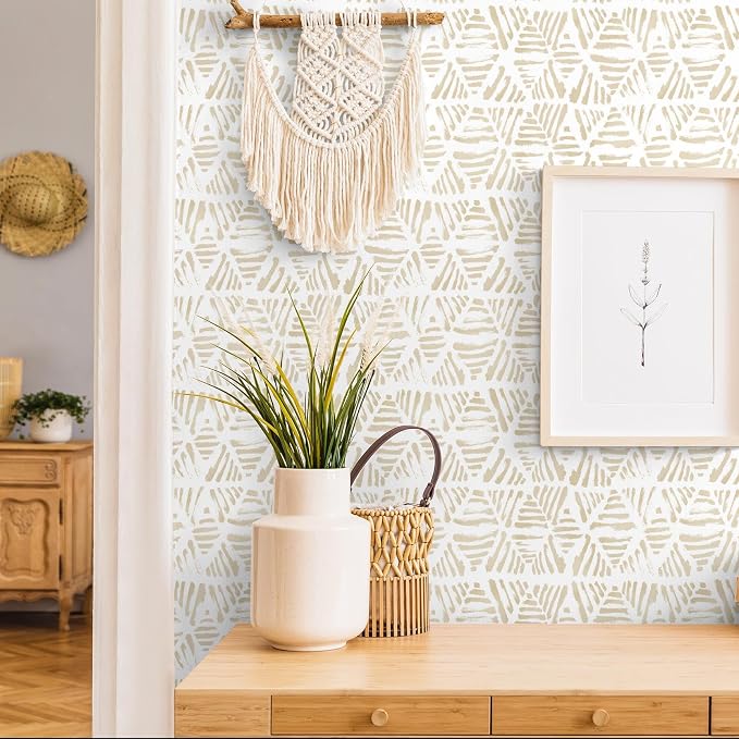 Peel and Stick Wallpaper Boho Wallpaper Geometric Beige and White Contact Paper - Image 8
