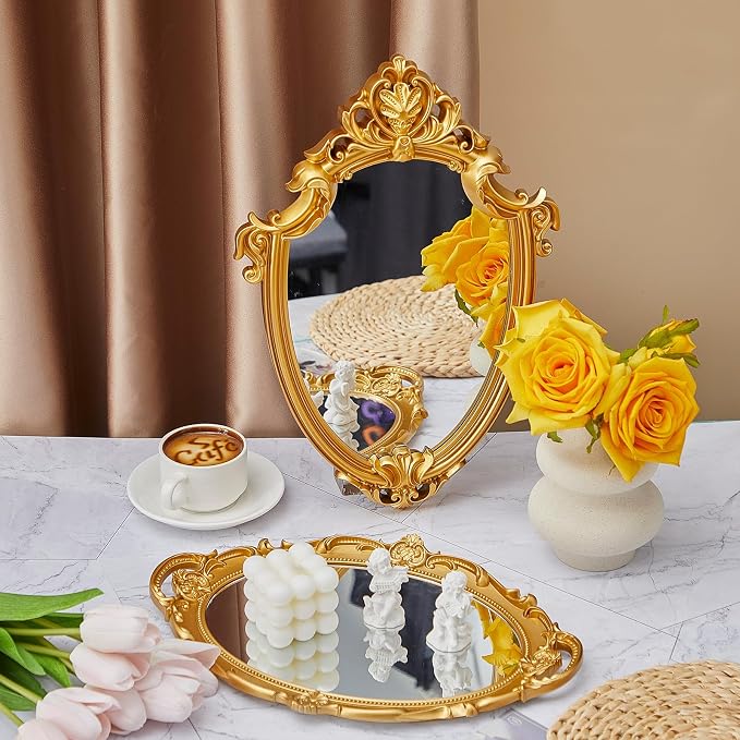 Beeveer 2 Pcs Vintage Gold Mirrors Set Decorative Hanging Wall Decor - Image 4