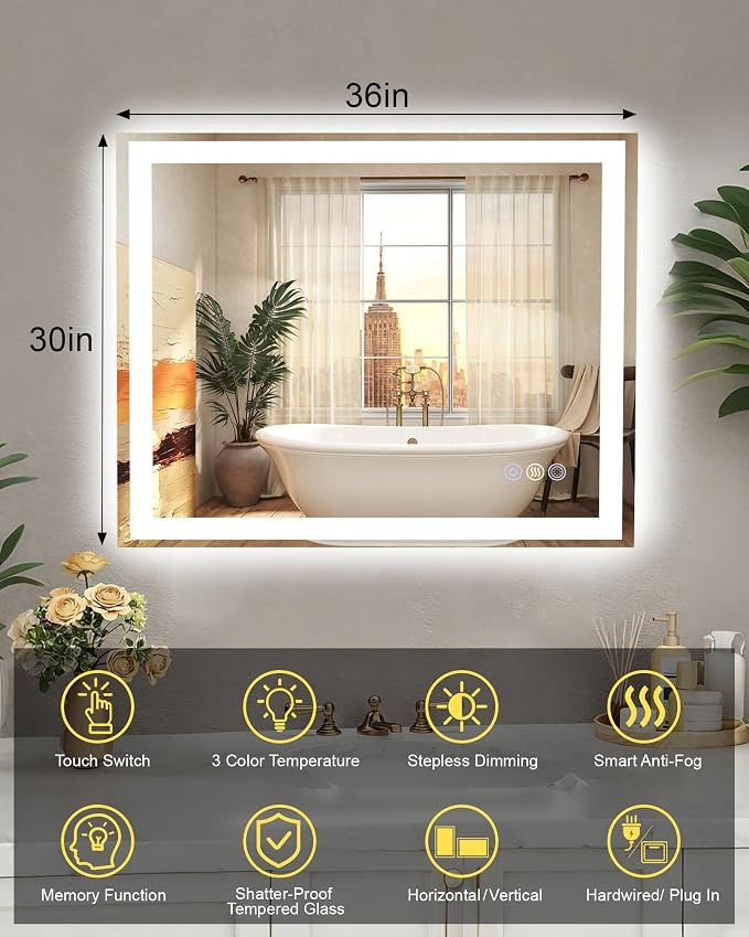 30x36 LED Bathroom Mirror with Lights, Super Bright Front & Backlit Vanity - Image 6
