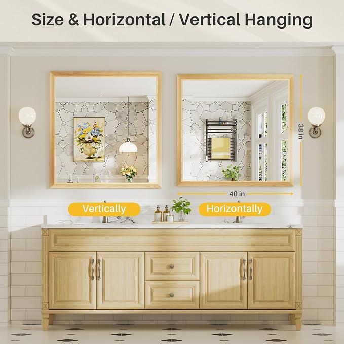40x38 Inch Bathroom Mirror for Wall, Anti-Rust Oak Wood Grain Metal Framed - Image 7
