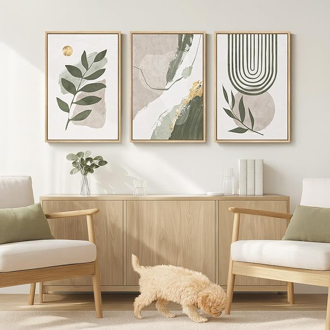 Large Framed Boho Sage Green Abstract Wall Art - Image 2