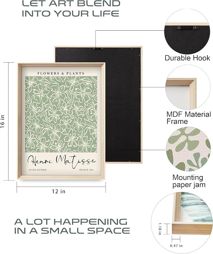 HesenDot Framed Matisse Sage Green Wall Art, William Morris Canvas Wall Decor - Image 4