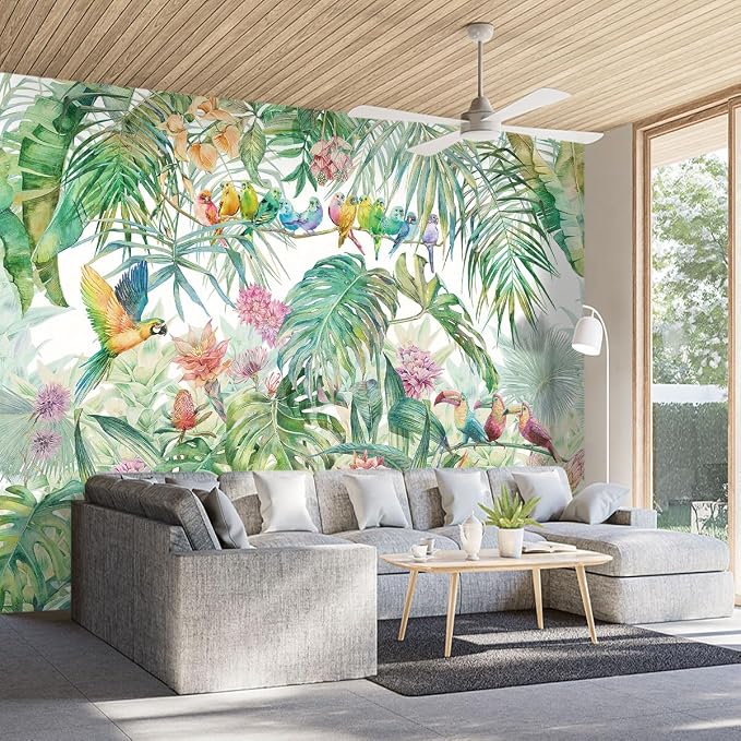 Tropical Green Botanical Flower Birds Leaf Wallpaper Bedroom Plant Floral Mural - Image 2