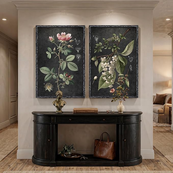 Large Framed Vintage Botanical Wall Art Set of 2, Rustic Retro Dark Floral - Image 6