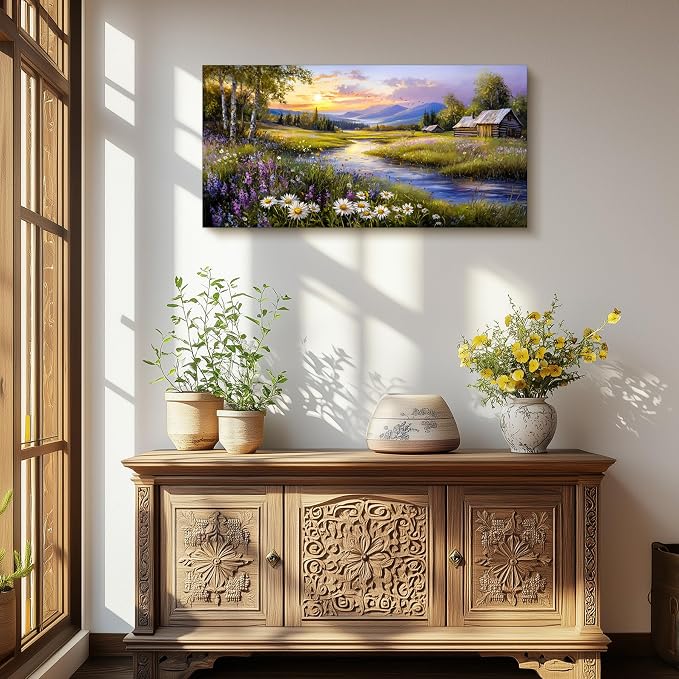 SERIMINO Large Wall Art for Living Room, River Landscape Wall Art, Meadow - Image 3
