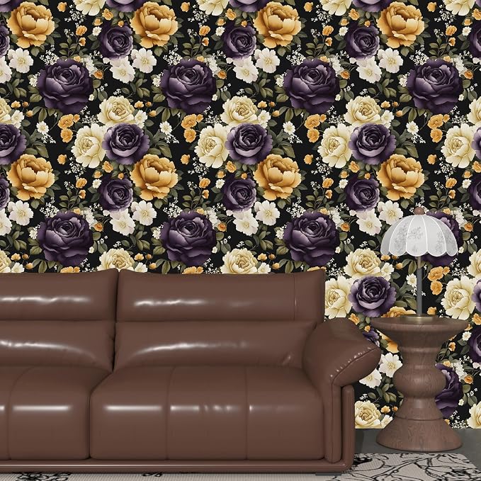 Floral Black Vintage Wallpaper Peel and Stick Dark Purple Beige Peony Contact - Image 2