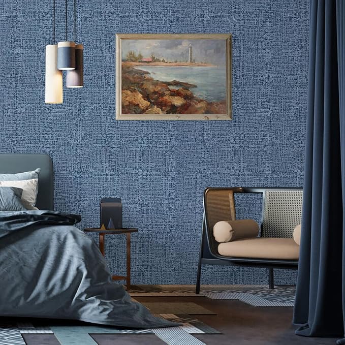 Blue Wallpaper Grasscloth Peel and Stick Wallpaper 17.7inch x 118.1inch - Image 9