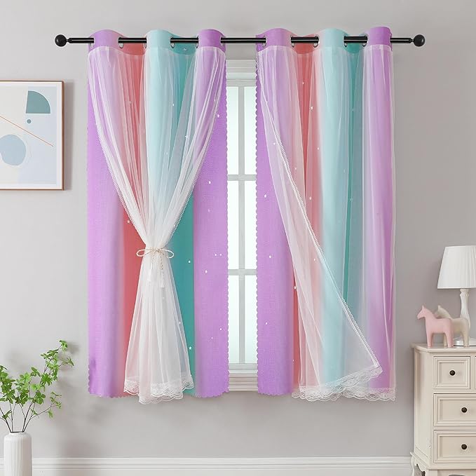 XiDi Curtains for Bedroom Kids Rainbow Pink Purple Green Curtains for Girls by Addsomecolortolife