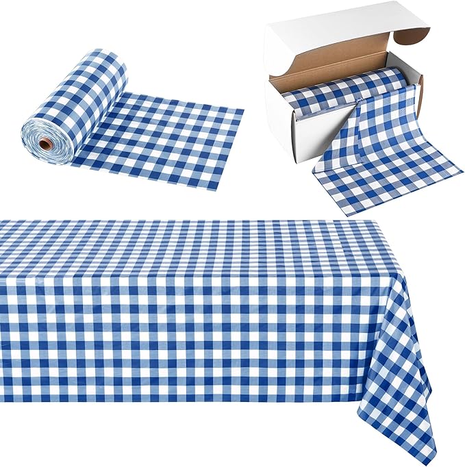 Kochorie 54 Inch x 300 Ft Blue Checkered Plastic Table Cloth Roll Disposable by Kochorie