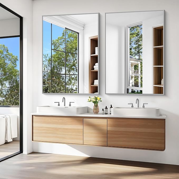KOCUUY Silver Bathroom Mirror, HD Tempered Glass, Anti-Rust Brushed Silver Frame - Image 8